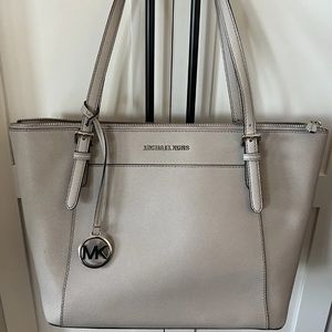 Michael Kors Gray Leather Bag With Double Handle Straps With Black Wallet